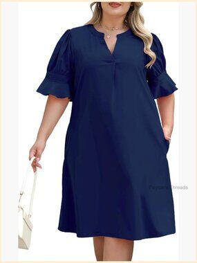 Plus Size Shift Dress with Pockets V Neck Short Sleeve Loose Fit